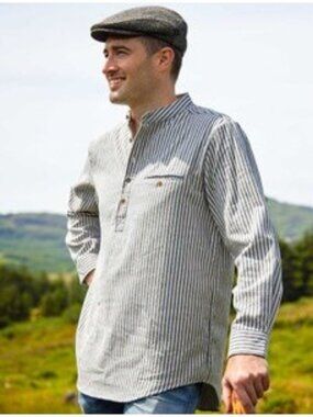Lee Valley Ireland Grandfather 100% Cotton Collarless Striped Long Sleeve Shirt